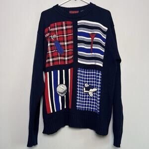 Vintage Pivot Rules Mens Golf Cable Knit Sweater Navy Blue Sz M Chunky Cotton